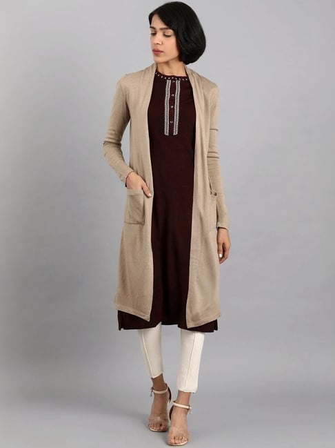 W Beige Plain Long Cardigan