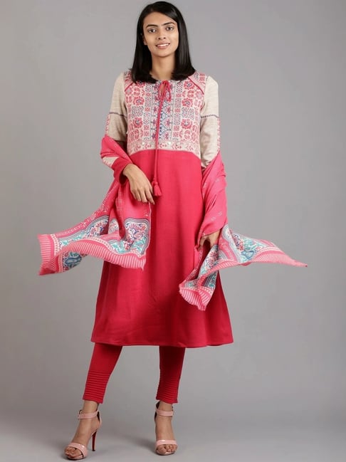 Buy W Pink Woven Pattern Winter A Line Kurta for Women Online