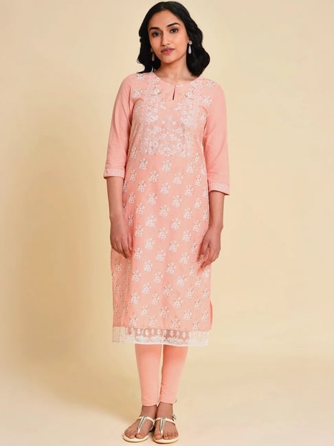 W Peach Cotton Printed Straight Kurta-picture-33