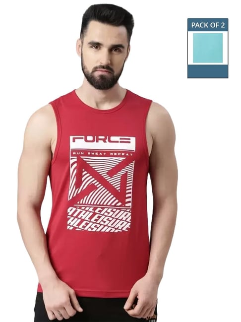 Force NXT Cherry Red & Green Cotton Regular Fit Printed Vest - Pack Of 2-picture-26