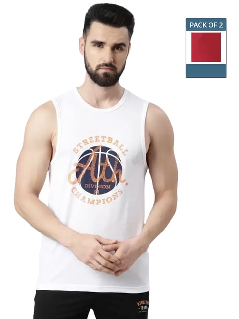 Force NXT White & Cherry Red Cotton Regular Fit Printed Vest - Pack Of 2-picture-25