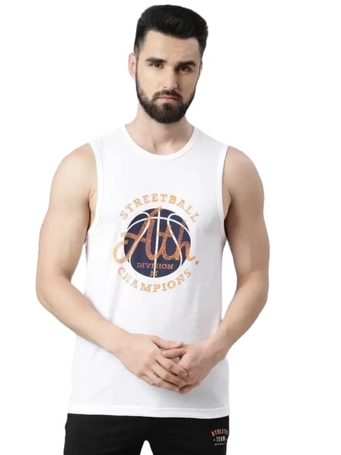 Force NXT White Cotton Regular Fit Printed Vest