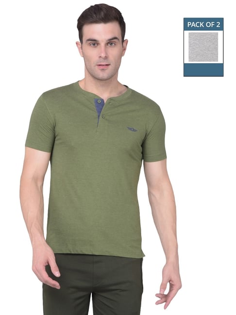 Force NXT Olive & Grey Melange Cotton Regular Fit Henley T-Shirt - Pack Of 2-picture-32