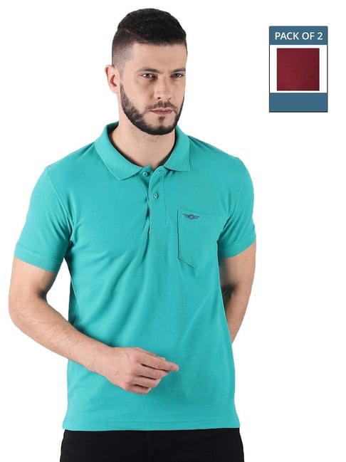 Force NXT Sea Green & Maroon Cotton Regular Fit Polo T-Shirt-picture-19