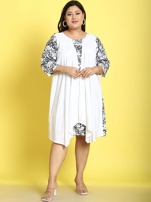 theRebelinme Black White Floral Print Plus Size A Line Dress