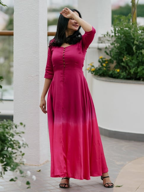 Gulaal Modal Satin Sunset Bougainvillea Fit Flare Dress - Main Image