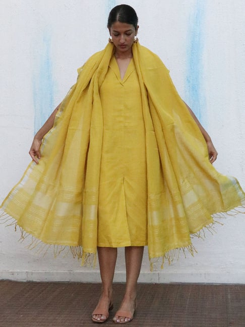 Chidiyaa Mustard Breathe Jules Handwoven Linen Dupatta