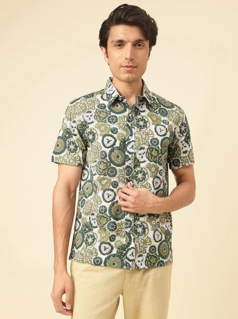 Fabindia Green Cotton Straight Fit Printed Casual Shirt-picture-22