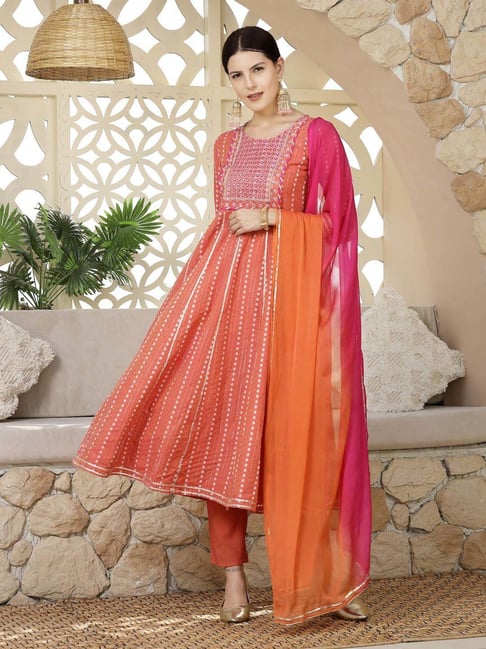 Stylum Orange Embroidered Kurta Pant Set With Dupatta