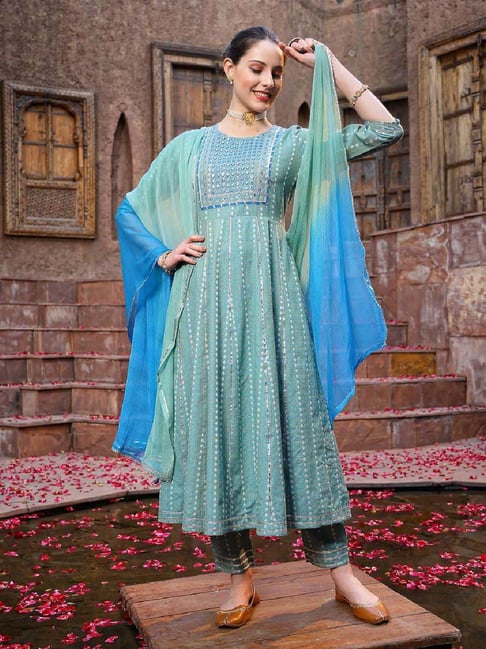 Stylum Turquoise Embroidered Kurta Pant Set With Dupatta