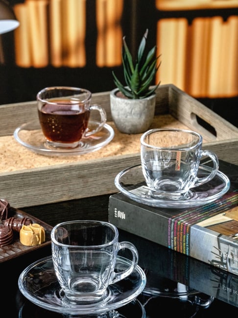 Goodhomes Transparent Glass Tea Cup & Saucer - Set of 6