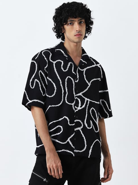 Nuon by Westside Black Embroidered Relaxed-Fit Cotton Shirt