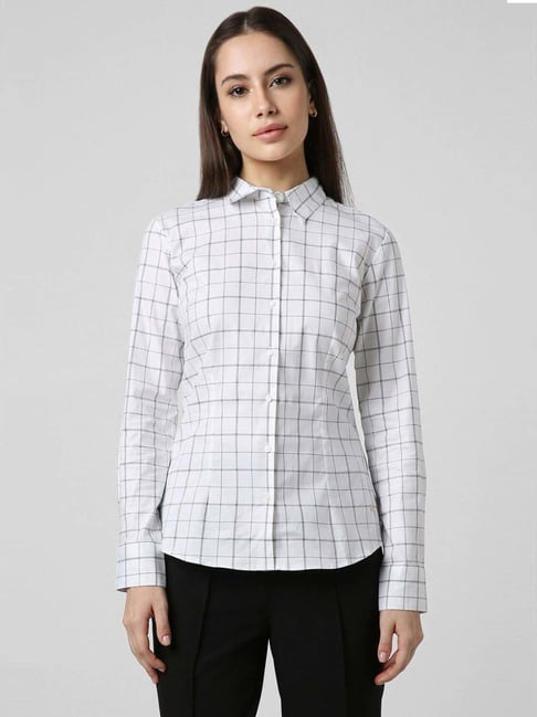 Van Heusen White Cotton Chequered Formal Shirt