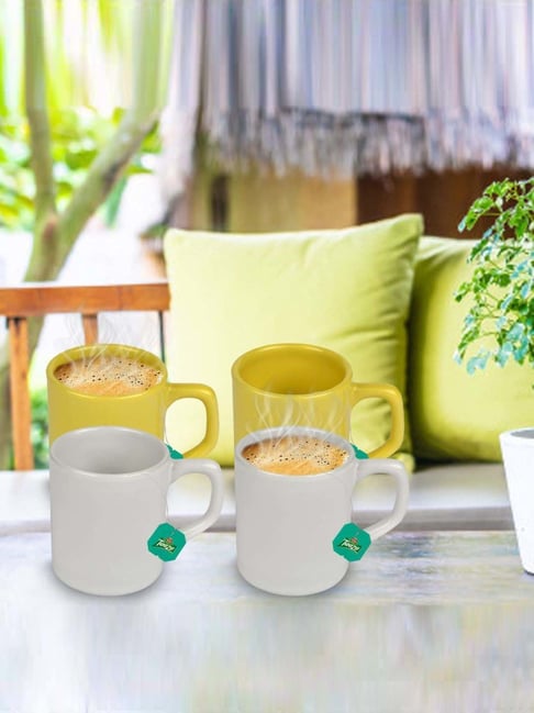 Urban Chef White & Yellow Ceramic Droite Handcrafted Microwave Safe Cup - Set of 4-picture-16