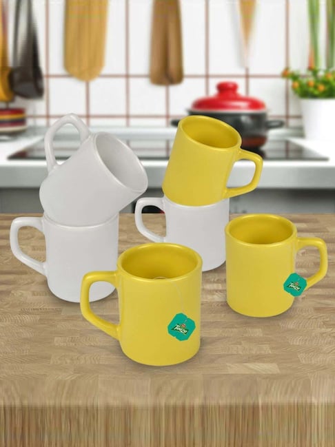 Urban Chef White & Yellow Ceramic Droite Handcrafted Microwave Safe Cup - Set of 6-picture-45