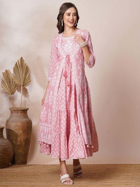 Fashor Pink Cotton Embroidered Maxi Dress With Jacket