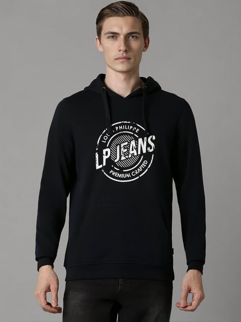 Louis Philippe Black Cotton Regular Fit Printed Hooded Sweatshirt-picture-26