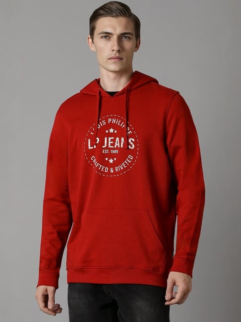 Louis Philippe Red Cotton Regular Fit Printed Hooded Sweatshirt-picture-29