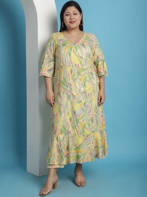 theRebelinme Yellow Printed Plus Size Wrap Dress - Main Image