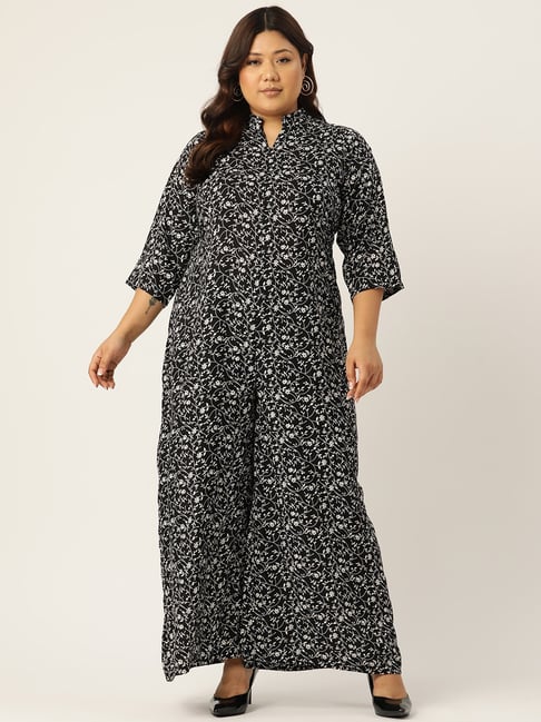 theRebelinme Black Floral Print Plus Size Jumpsuit