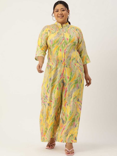 theRebelinme Yellow Printed Plus Size Jumpsuit
