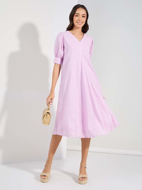 Styli Lilac Cotton Self Design Schiffli Midi Dress