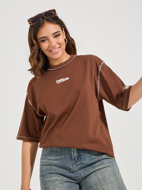 Styli Brown Cotton Graphic Print Oversized T-Shirt