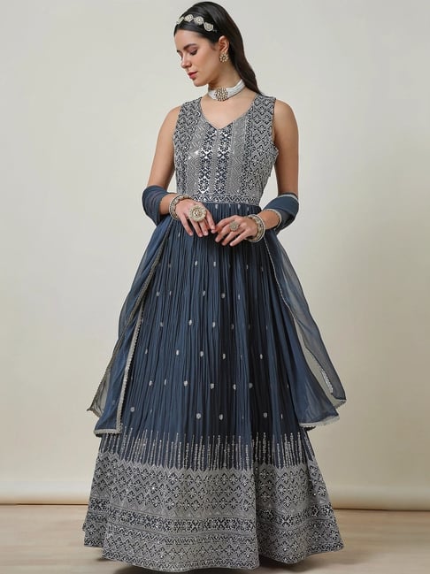 Soch Teal Blue Embellished Gown Churidar Set With Dupatta