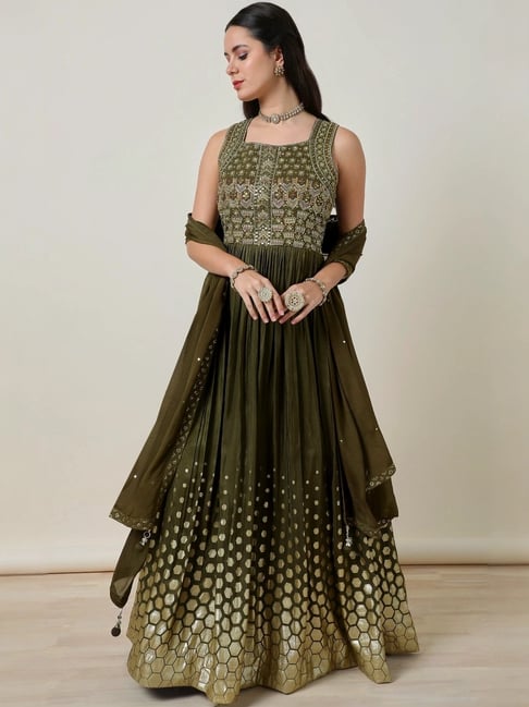 Soch Green Embroidered Gown Churidar Set With Dupatta
