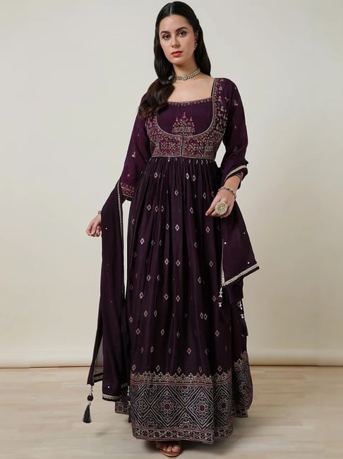 Soch Purple Embroidered Gown Churidar Set With Dupatta