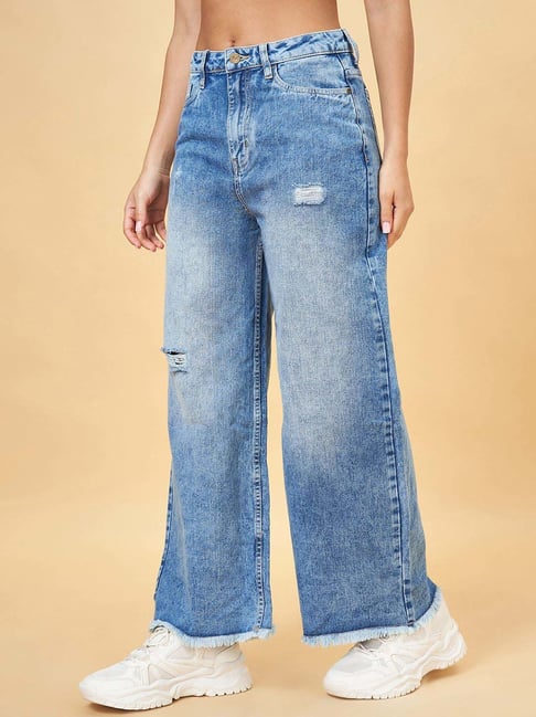 YU by Pantaloons Blue Cotton Mid Rise Flared Jeans