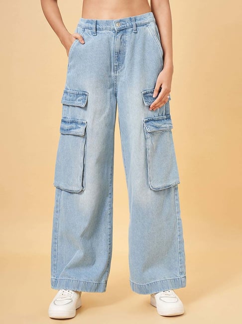 People by Pantaloons Blue Cotton Mid Rise Flared Jeans-picture-21