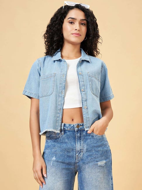 YU by Pantaloons Blue Cotton Plain Top