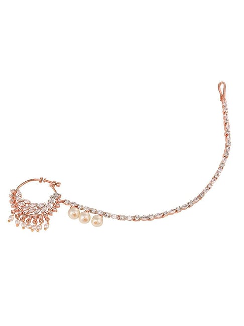 Saraf Rs Jewellery Rose Gold Plated Ad & Pearl Studded Handcrafted Nose Ring