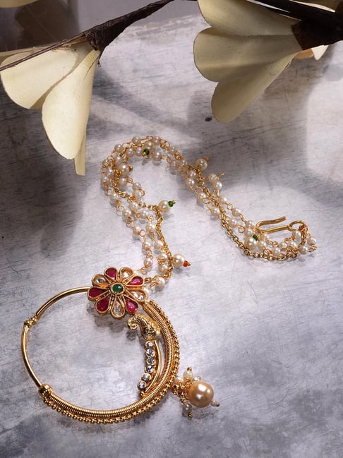 Saraf Rs Jewellery Gold Plated Red White Pearl Beaded &Studded Bridal  Nose Ring