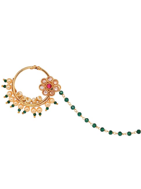 Saraf Rs Jewellery Gold Plated  Studded & Beaded Floral Nose Ring With Chain