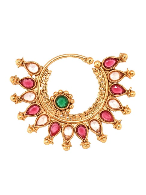 Saraf Rs Jewellery Gold Plated Red Polki Studded Modern Nose Ring
