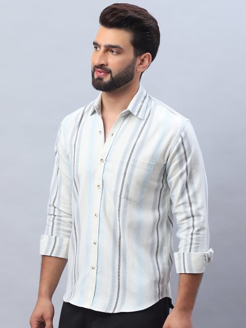 Indian Needle Off White Linen Regular Fit Striped Shirt-picture-44