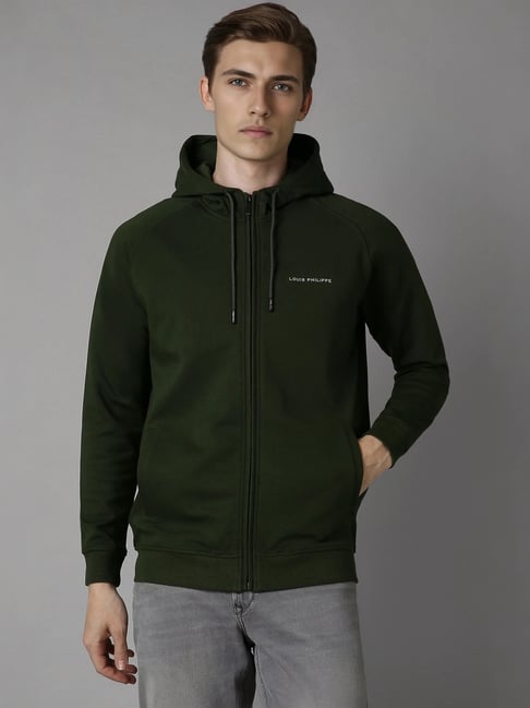 Louis Philippe Green Cotton Regular Fit Printed Hooded Sweatshirt