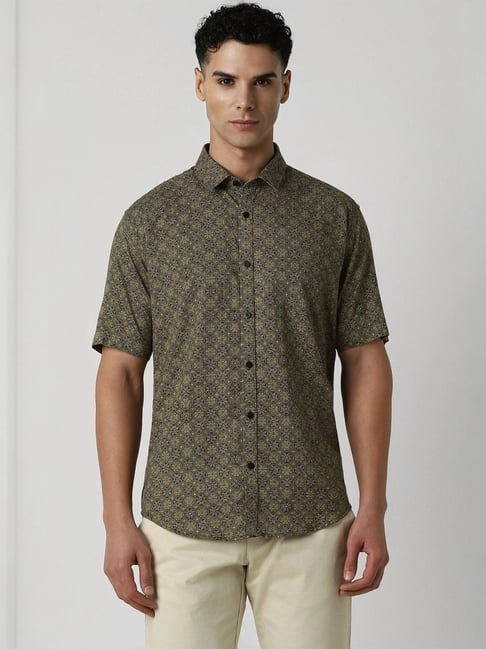 Van Heusen Green Cotton Slim Fit Printed Shirt