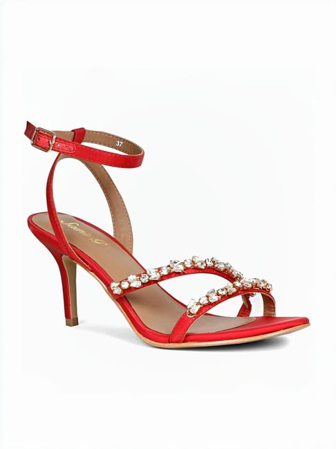 Saint G Women's Stone Embellished Red Ankle Strap Stilettos