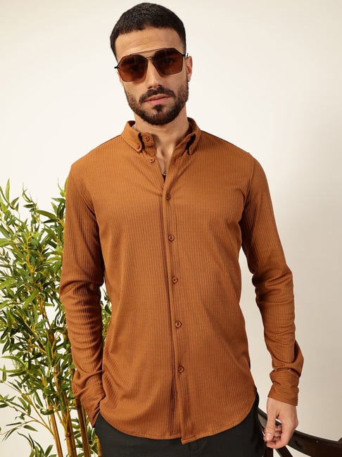 Thomas Scott Brown Polyster Slim fit Self casualshirts