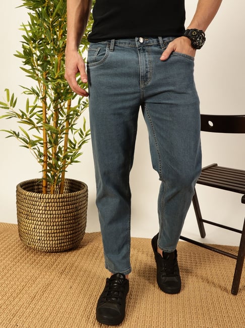 Thomas Scott Mid Blue Cotton Slim Tapered Solid Jeans