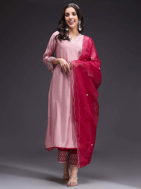 Heeposh Pink & Red Embroidered Kurta Pant Set With Dupatta