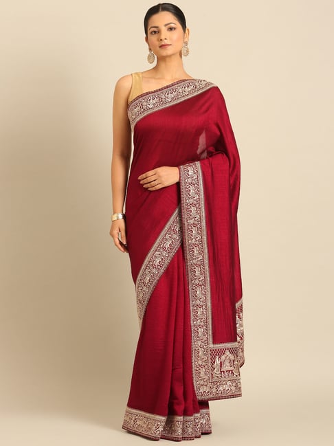 Mohey Wine Embroidered Saree With Blouse-picture-22