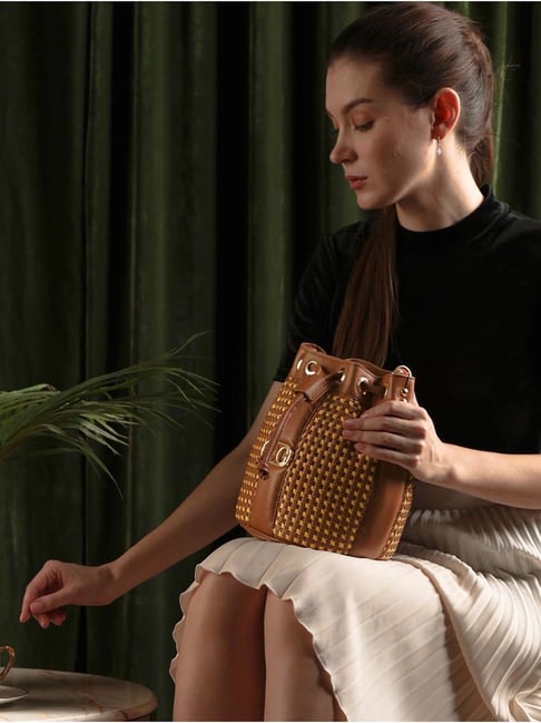 Buy Saint G Brown Textured Medium Bucket Bag For Women At Best