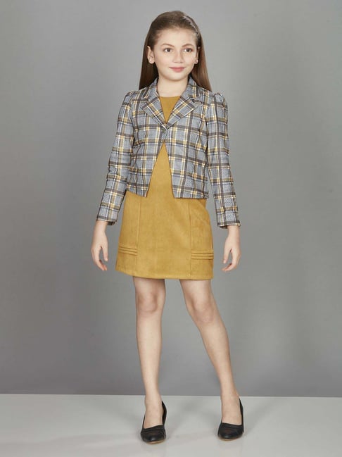 Peppermint Girls Mustard & Grey Checks Full Sleeves Dress Set-image-37