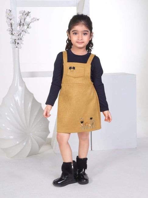 Peppermint Girls Mustard & Black Solid Full Sleeves Dungaree Set-picture-35