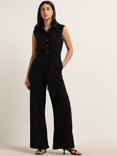 Wardrobe by Westside Black Solid Jumpsuit with Belt
