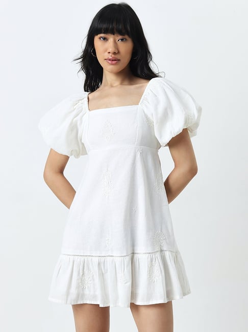 Bombay Paisley by Westside Ivory Embroidered A-Line Cotton Dress
